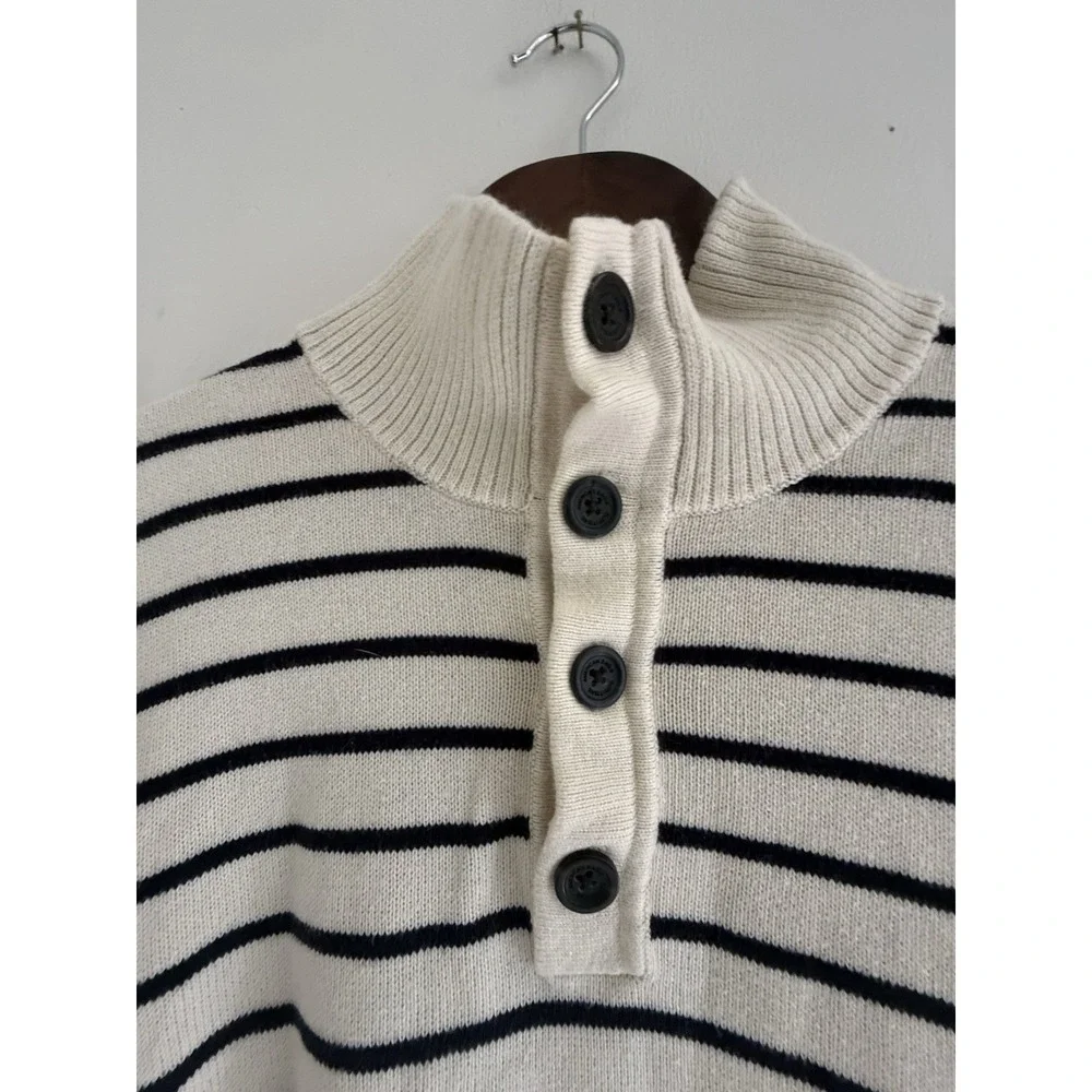 American Eagle Men M Striped Mock Neck Sweater Cotton Button Pullover Nautical